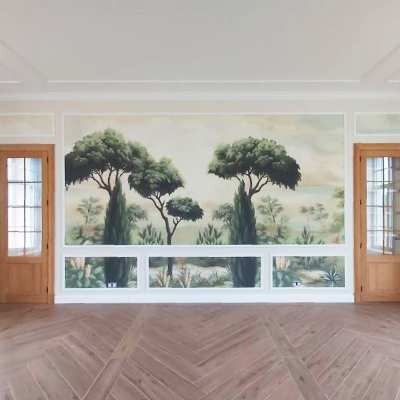 Rénovation d'un salon avec papier peint panoramique à Namur
